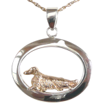 14K Gold or Sterling Silver Longhaired Dachshund in Glossy Oval Pendant