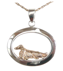 14K Gold or Sterling Silver Longhaired Dachshund in Glossy Oval Pendant