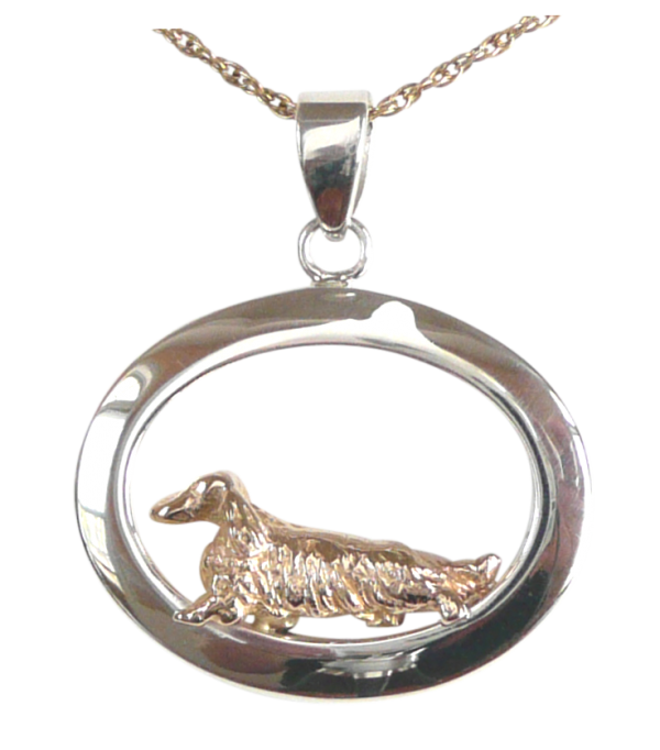 14K Gold or Sterling Silver Longhaired Dachshund in Glossy Oval Pendant