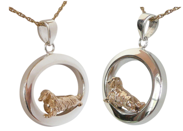 14K Gold or Sterling Silver Longhaired Dachshund in Glossy Oval Pendant