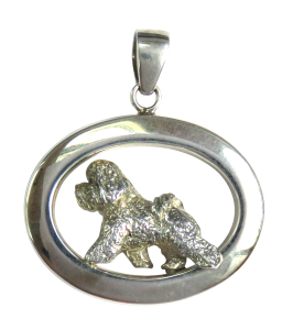 14K Gold or Sterling Silver Trotting Bichon Frise in Glossy Oval Pendant