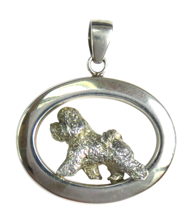 14K Gold or Sterling Silver Trotting Bichon Frise in Glossy Oval Pendant