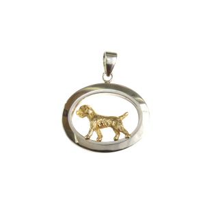 14K Gold or Sterling Silver Trotting Border Terrier in Glossy Oval Pendant