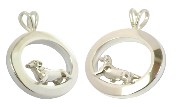 14K Gold or Sterling Silver Trotting Smooth Dachshund in Glossy Oval Pendant