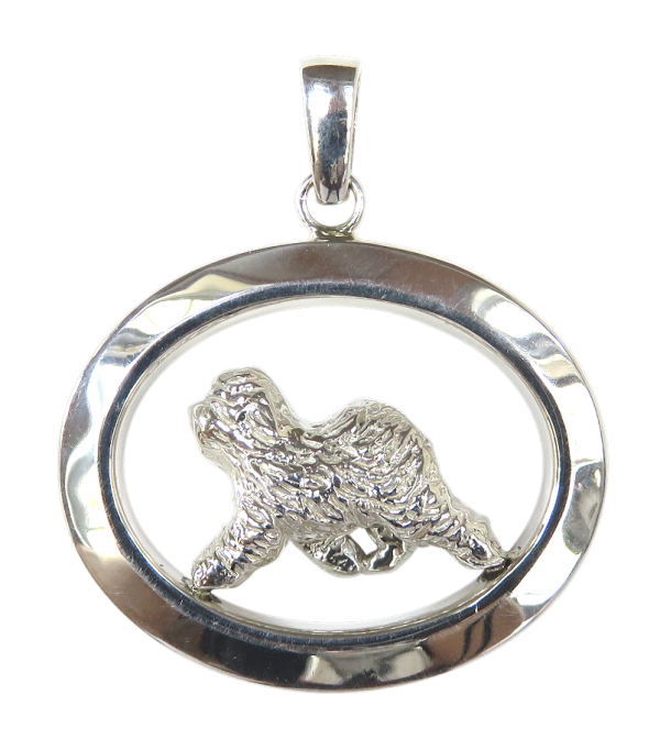 14K Gold or Sterling Silver Old English Sheepdog in Glossy Oval Pendant