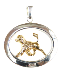 14K Gold or Sterling Silver Portuguese Water Dog Lion Cut in Large Glossy Oval Pendant