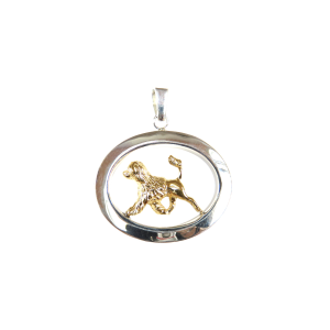 14K Gold or Sterling Silver Portuguese Water Dog Lion Cut in Large Glossy Oval Pendant