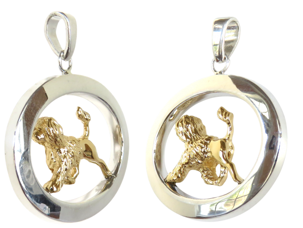14K Gold or Sterling Silver Portuguese Water Dog Lion Cut in Large Glossy Oval Pendant