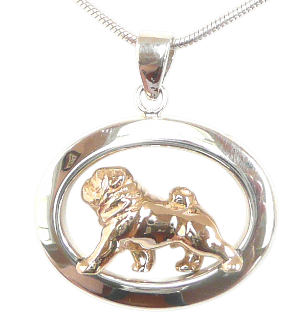 14K Gold or Sterling Silver Pug in Glossy Oval Pendant