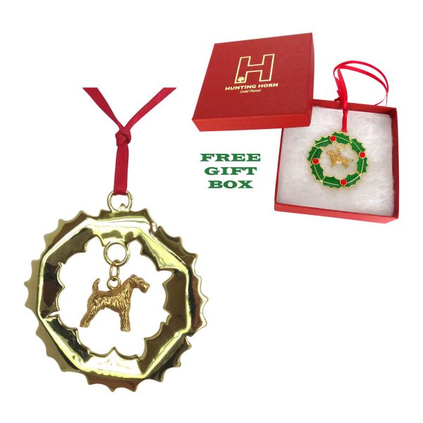 14K Gold Plated Wreath Ornament with 3D Airedale Terrier