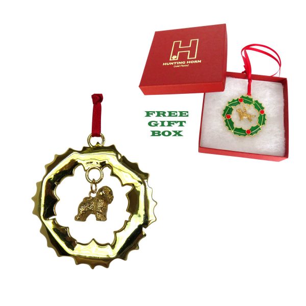 Bichon Frise Gold Plated Bronze Christmas Holiday Wreath Ornament Decoration Gift