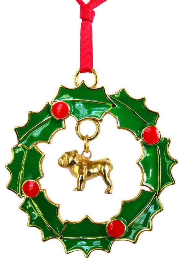 BULLDOG Gold Plated Bronze Christmas Holiday Wreath Ornament Decoration