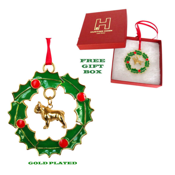 FRENCH BULLDOG Gold Plated Bronze Christmas Holiday Wreath Ornament Decoration