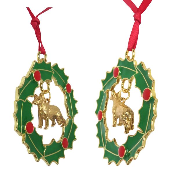 German Shepherd Gold Plated Bronze Christmas Holiday Wreath Ornament Decoration Gift