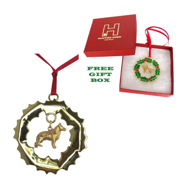 German Shepherd Gold Plated Bronze Christmas Holiday Wreath Ornament Decoration Gift