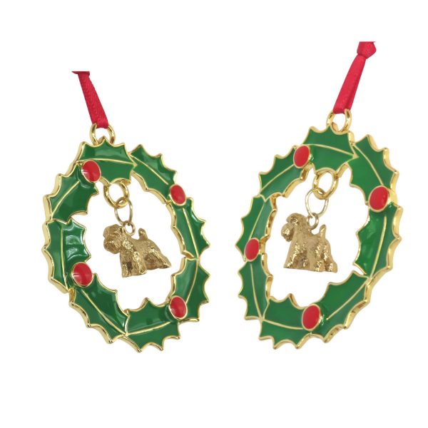 Soft Coated Wheaten Gold Plated Bronze Christmas Holiday Wreath Ornament Decoration Gift