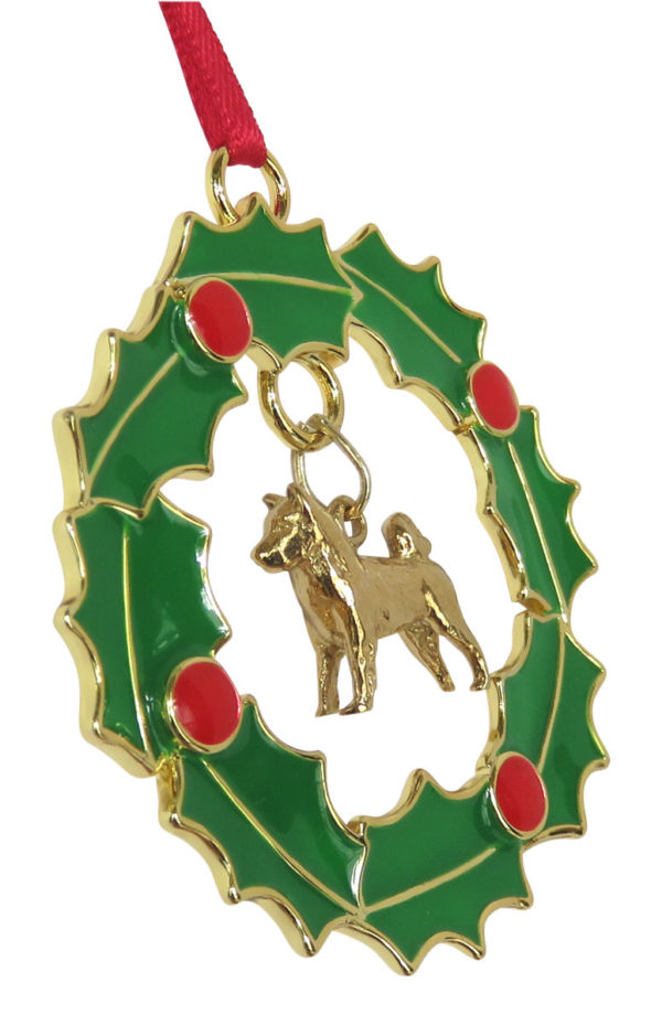 Akita Gold Plated Bronze Christmas Holiday Wreath Ornament Decoration Gift