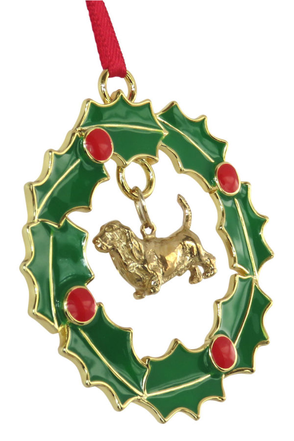Basset Hound Gold Plated Bronze Christmas Holiday Wreath Ornament Decoration Gift