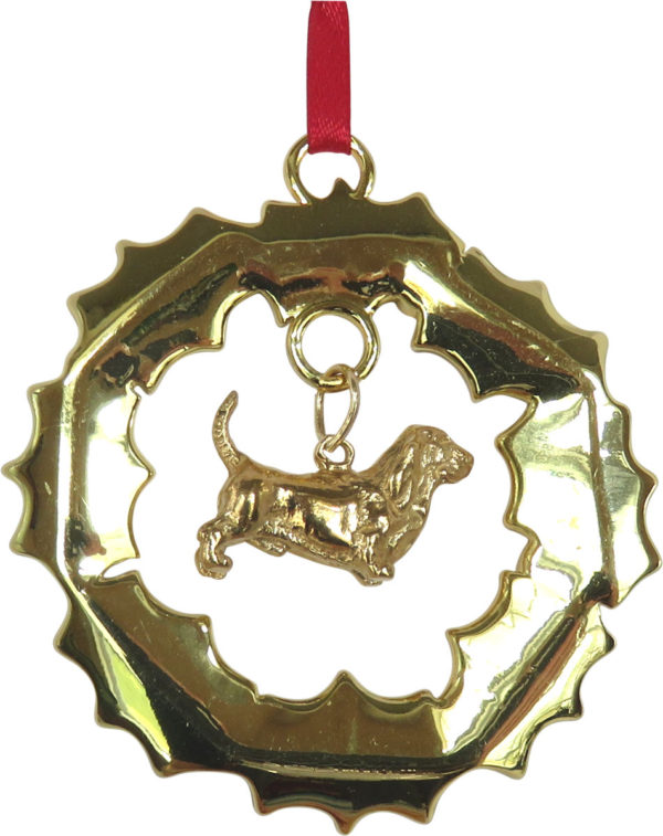 Basset Hound Gold Plated Bronze Christmas Holiday Wreath Ornament Decoration Gift