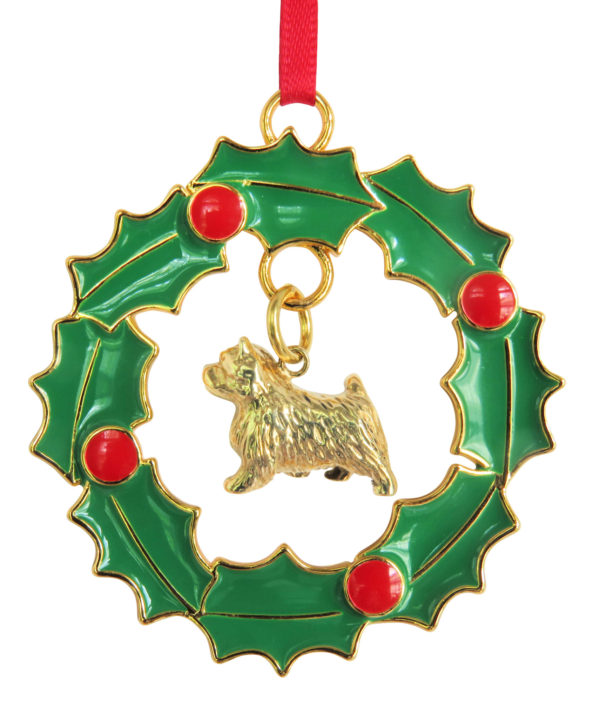Norwich Terrier Gold Plated Bronze Christmas Holiday Wreath Ornament Decoration Gift