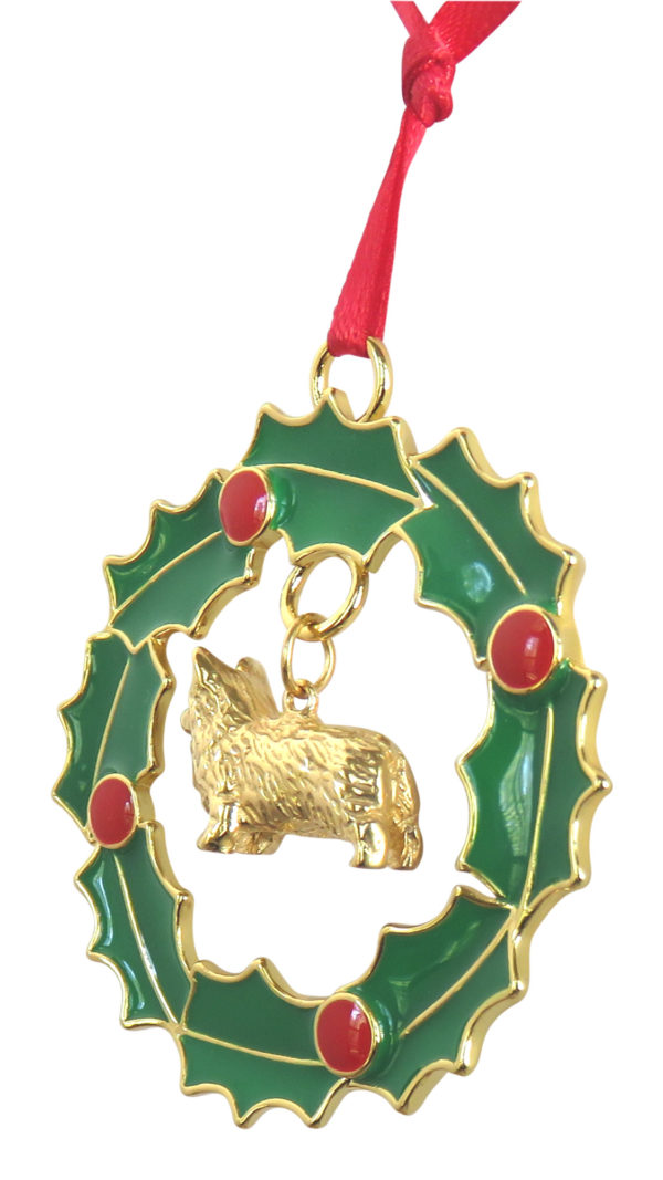 Pembroke Welsh Corgi Gold Plated Bronze Christmas Holiday Wreath Ornament Decoration Gift