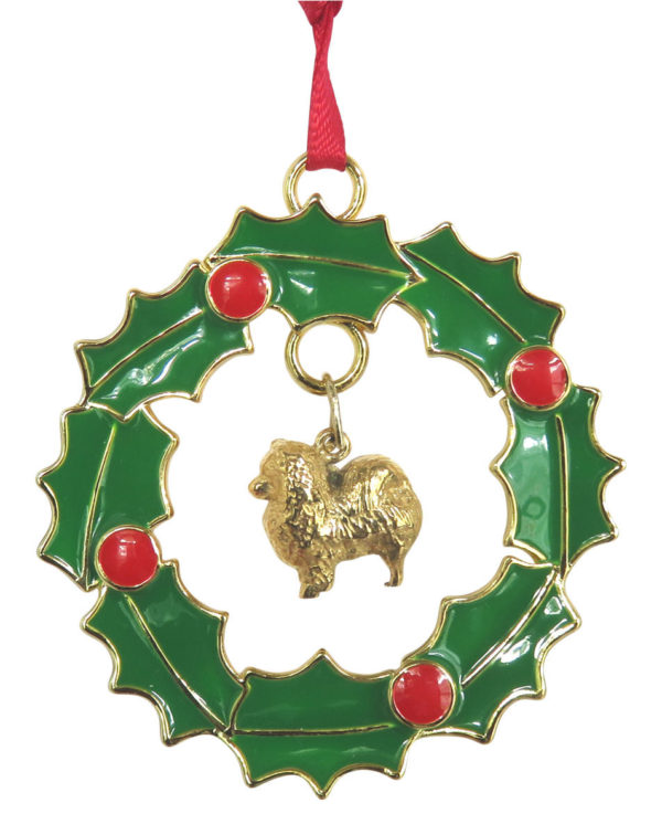 Pomeranian Gold Plated Bronze Christmas Holiday Wreath Ornament Decoration Gift
