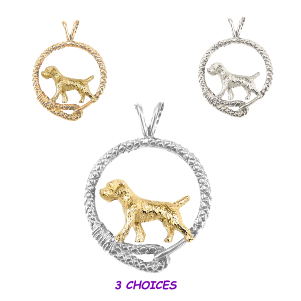 Border Terrier in Leash Pendant Charm Necklace in 14K Gold or Sterling Silver
