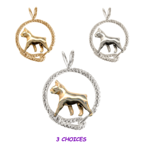 Boston Terrier in Leash Pendant Charm Necklace in 14K Gold or Sterling Silver