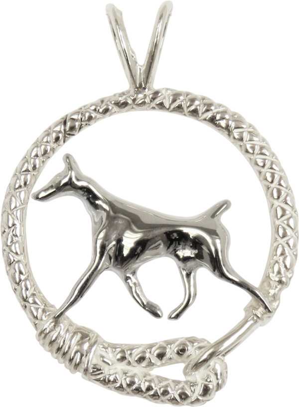 Doberman Pinscher in Leash Pendant Charm Necklace in 14K Gold or Sterling Silver