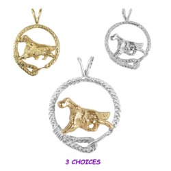 English Setter in Leash Pendant Charm Necklace in 14K Gold or Sterling Silver
