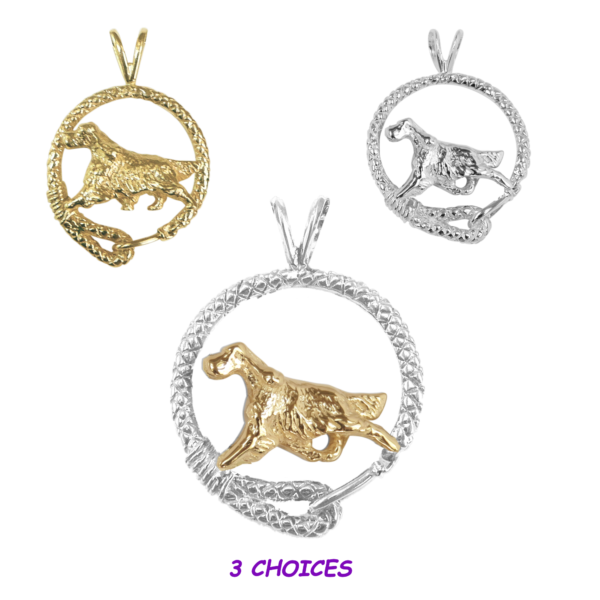 English Setter in Leash Pendant Charm Necklace in 14K Gold or Sterling Silver