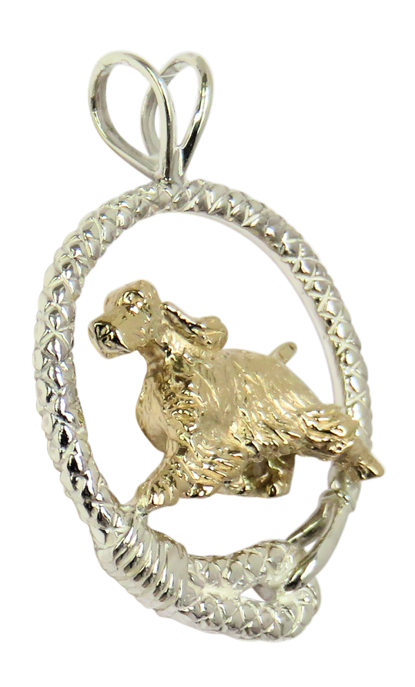 English Springer Spaniel in Leash Pendant Charm Necklace in 14K Gold or Sterling Silver