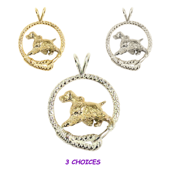 English Springer Spaniel in Leash Pendant Charm Necklace in 14K Gold or Sterling Silver
