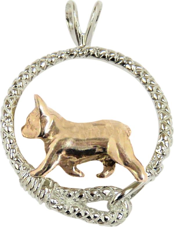 French Bulldog - Frenchie - in Leash Pendant Charm Necklace in 14K Gold or Sterling Silver