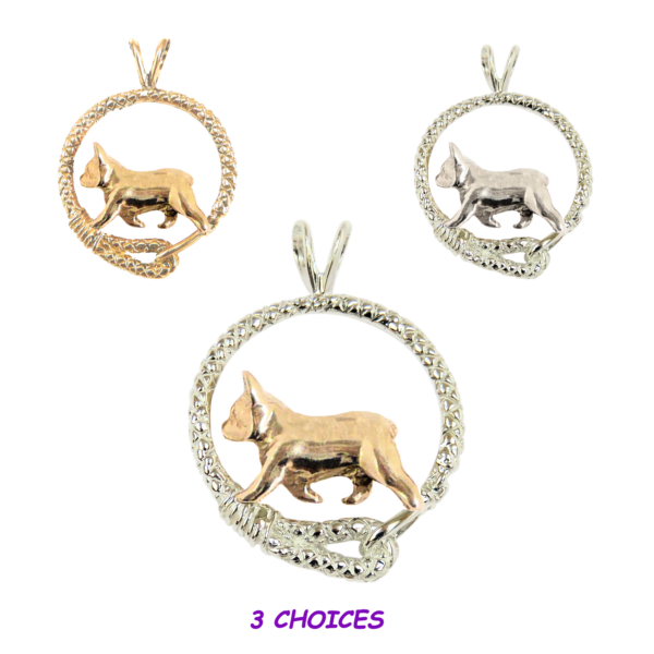 French Bulldog - Frenchie - in Leash Pendant Charm Necklace in 14K Gold or Sterling Silver