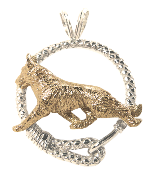 German Shepherd in Leash Pendant Charm Necklace in 14K Gold or Sterling Silver