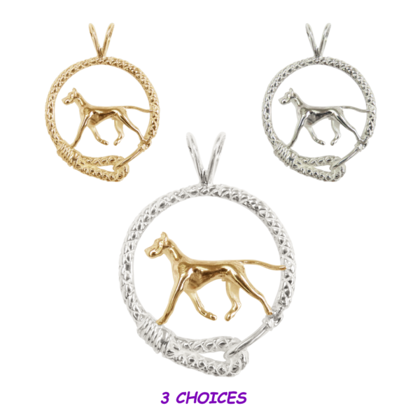 Great Dane in Leash Pendant Charm Necklace in 14K Gold or Sterling Silver