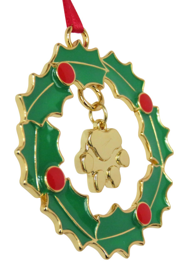 WREATH DOG PAW Gold Plated Memorial Christmas Holiday Ornament