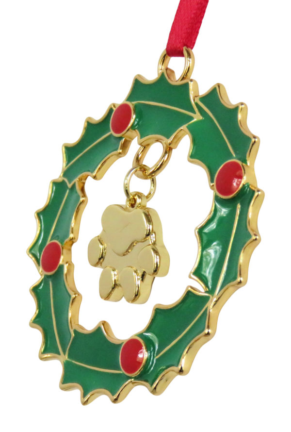 WREATH DOG PAW Gold Plated Memorial Christmas Holiday Ornament